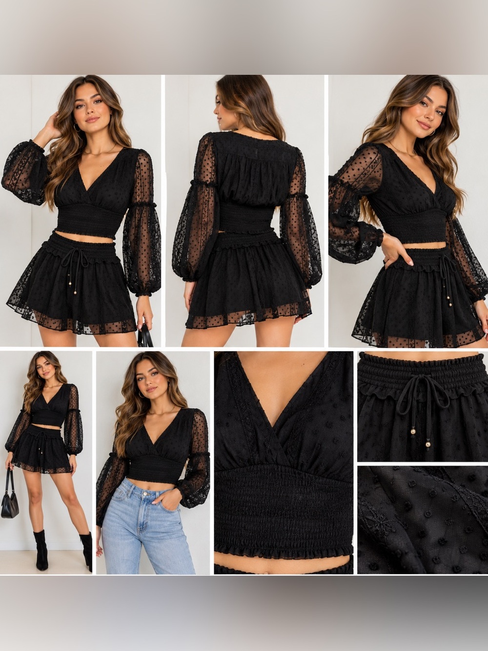 Mustard Seed Black Swiss Dot Lace Crop Top Mini Skirt Set NWT S